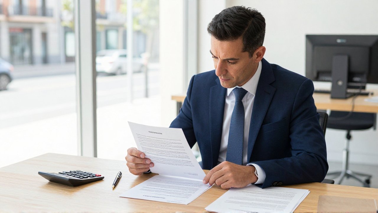 Asesor fiscal revisando documentos legales y una escritura de propiedad en una oficina luminosa.