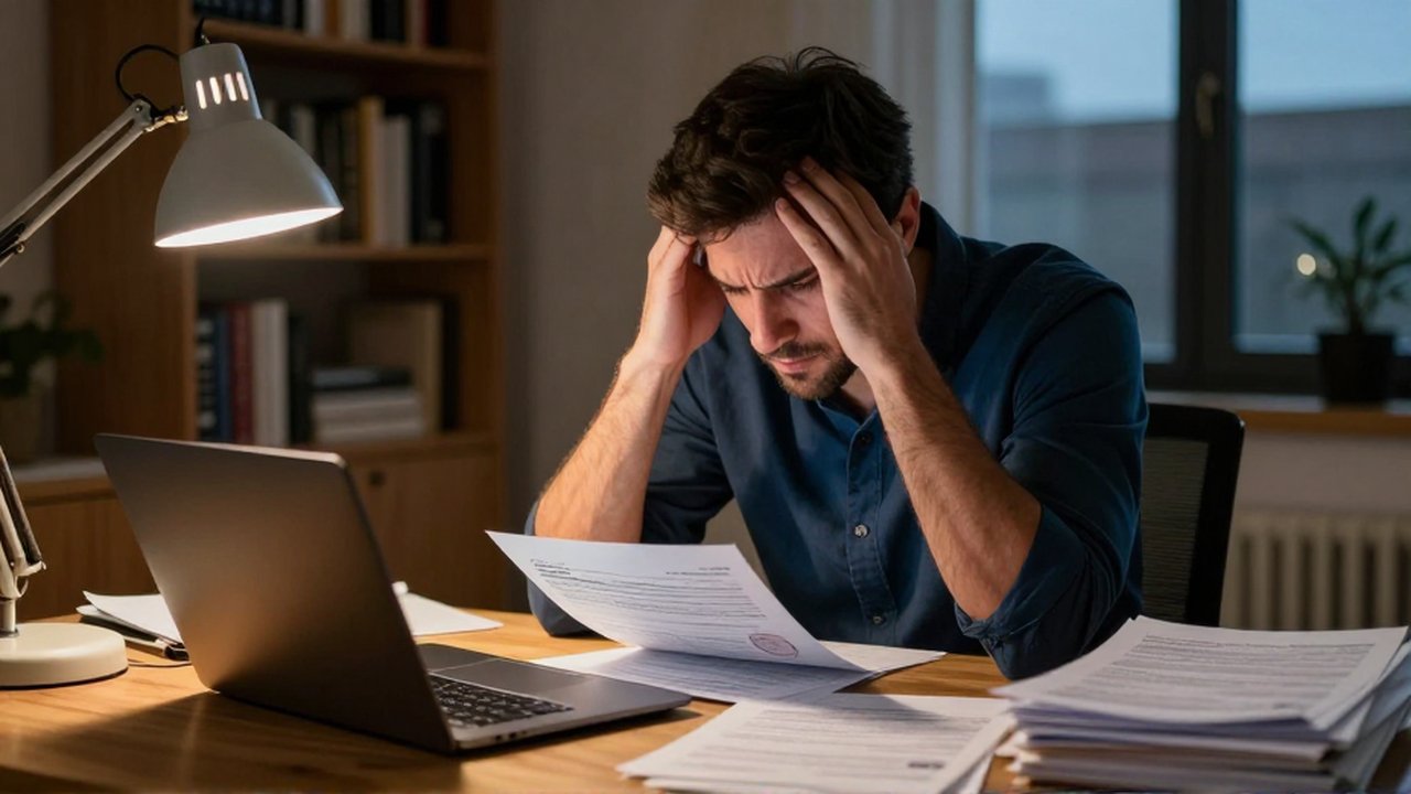 Un emprendedor estresado se lleva las manos a la frente mientras revisa documentos fiscales en su escritorio.