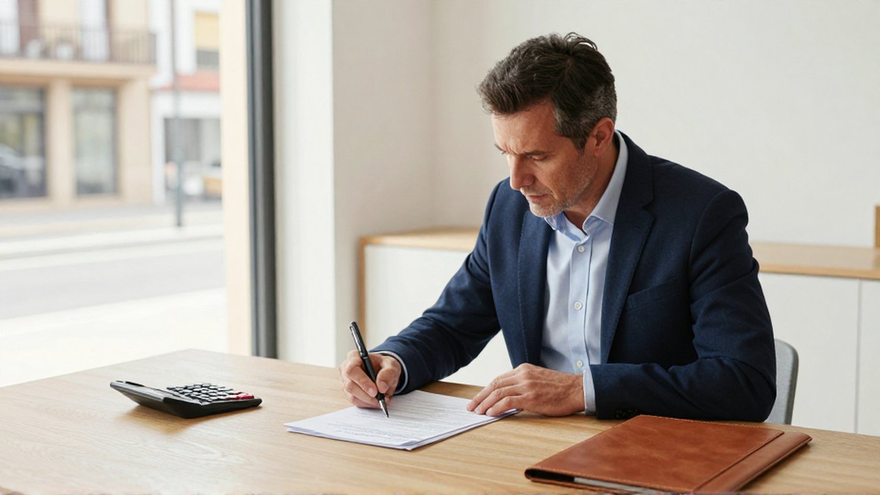 Un profesional español revisa documentos y escribe con una pluma en su oficina luminosa.