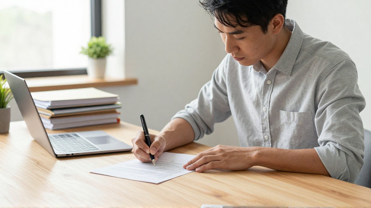 Un emprendedor firma documentos fiscales con una pluma en un despacho luminoso y ordenado.