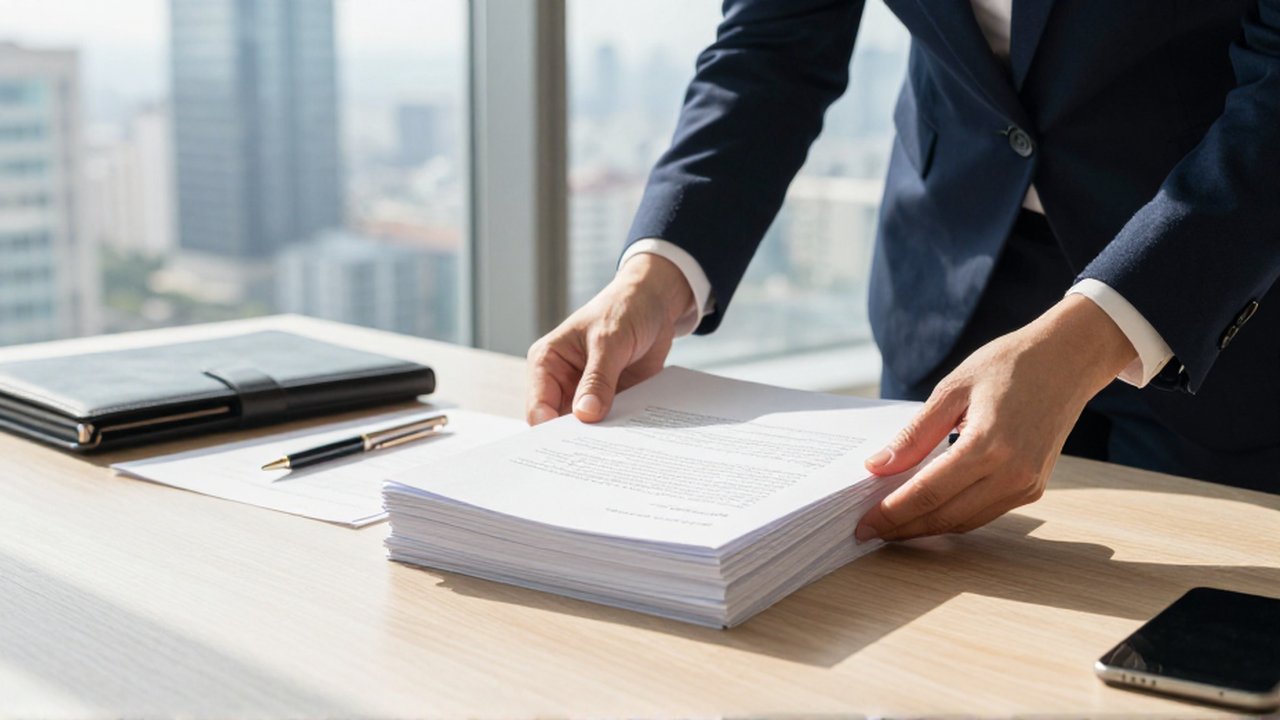 Un emprendedor organiza documentos legales sobre un escritorio de madera en una oficina luminosa.