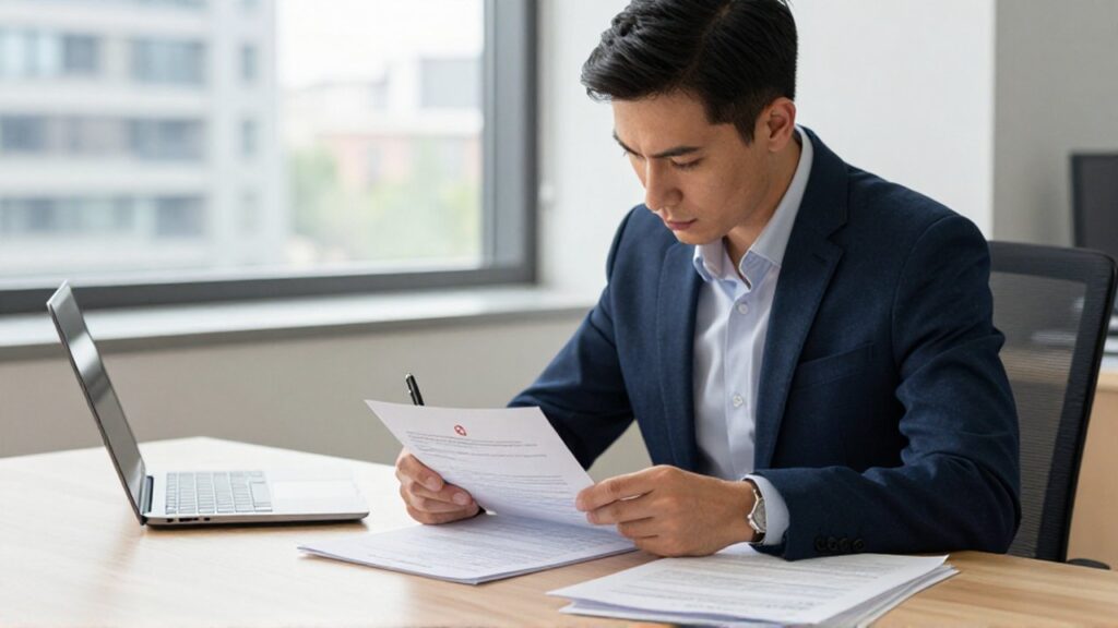 Contador concentrado revisando un documento oficial con un sello rojo sobre un escritorio de oficina.