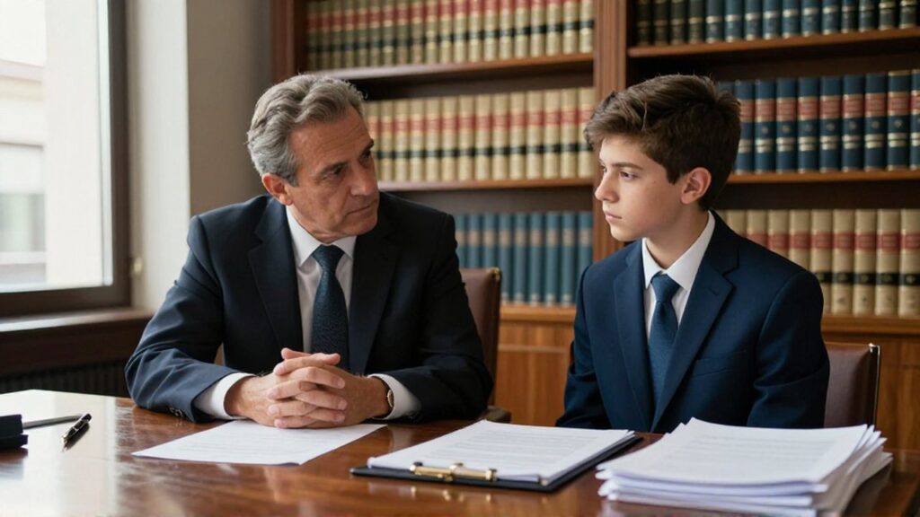 Un abogado español de mediana edad conversa con un adolescente en un despacho jurídico elegante.