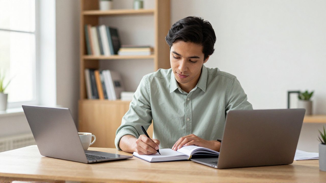 Profesional tomando notas en un cuaderno mientras estudia en un escritorio iluminado con luz natural.