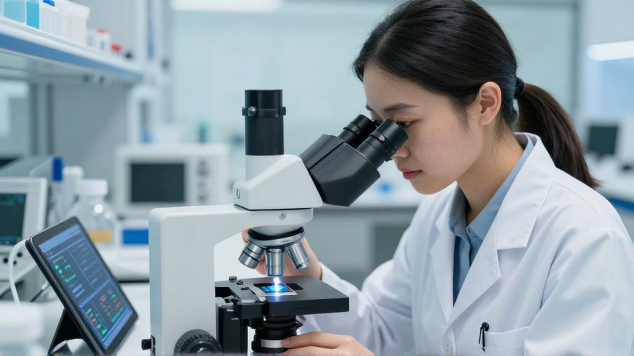 Investigadora analiza un microchip bajo un microscopio digital en un laboratorio tecnológico moderno.