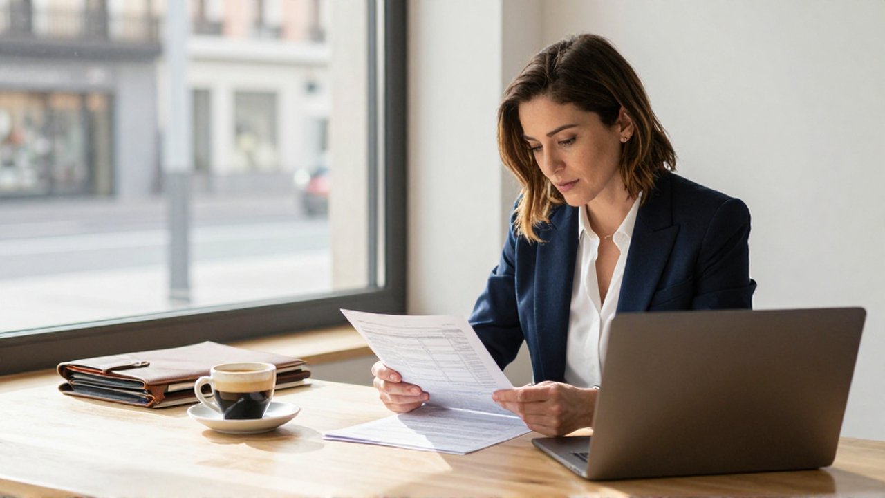 Una emprendedora revisa documentos fiscales y su ordenador en una oficina luminosa y ordenada.
