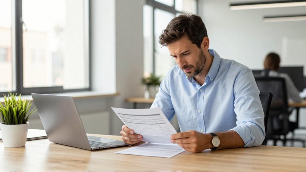 Un empresario español revisa documentos financieros con calma en una oficina moderna y luminosa.