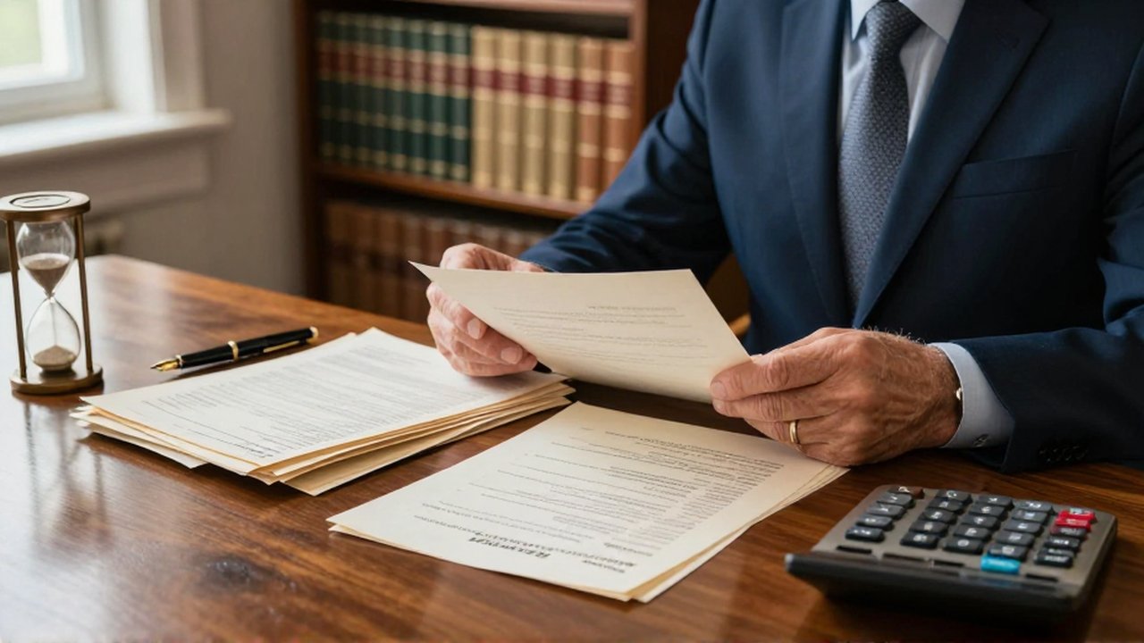 Un profesional revisa documentos legales y facturas sobre un escritorio de madera en una oficina organizada.