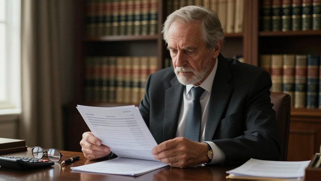Hombre mayor con expresión preocupada revisa documentos y facturas legales en su oficina.