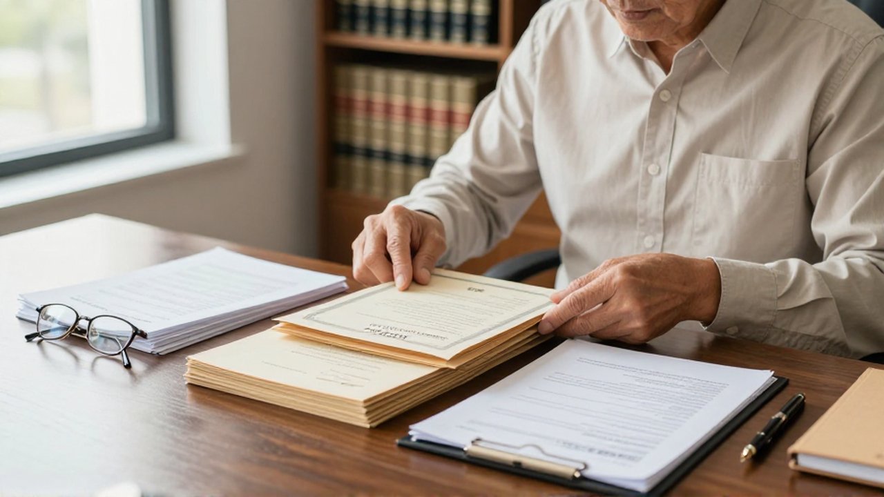 Un profesional legal organiza documentos y escrituras sobre un escritorio de madera en una oficina luminosa.