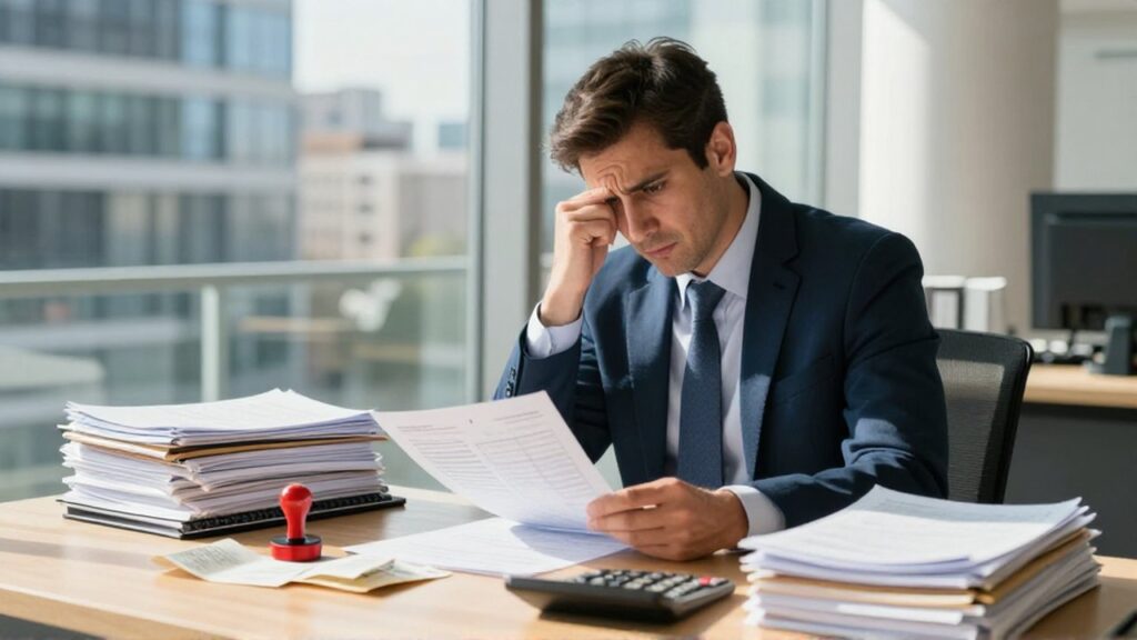 Contador preocupado revisa documentos desordenados y libros contables sobre un escritorio en una oficina iluminada.