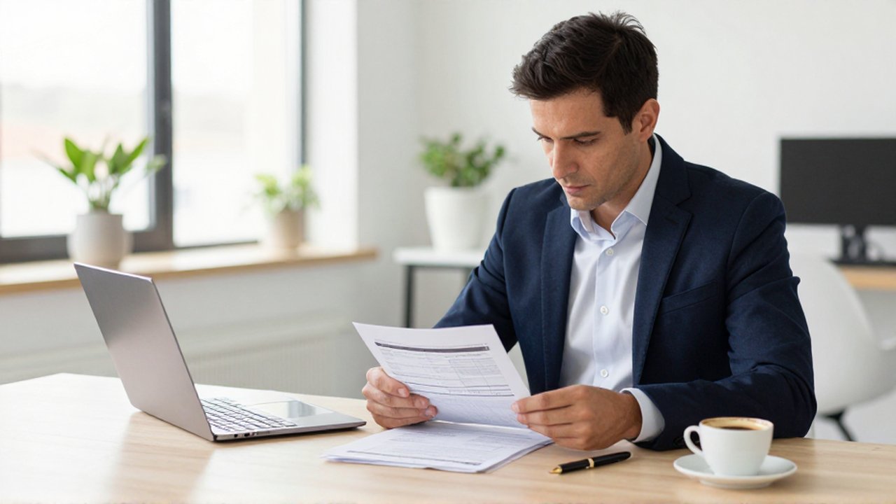 Contador revisando documentos fiscales con atención en una oficina moderna y luminosa.