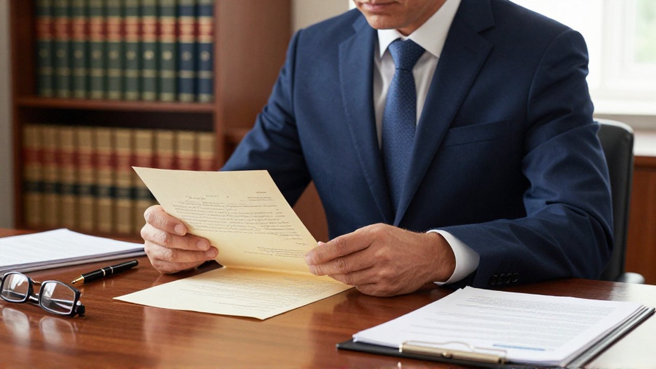Abogado revisando atentamente un testamento y documentos legales sobre un escritorio de madera.