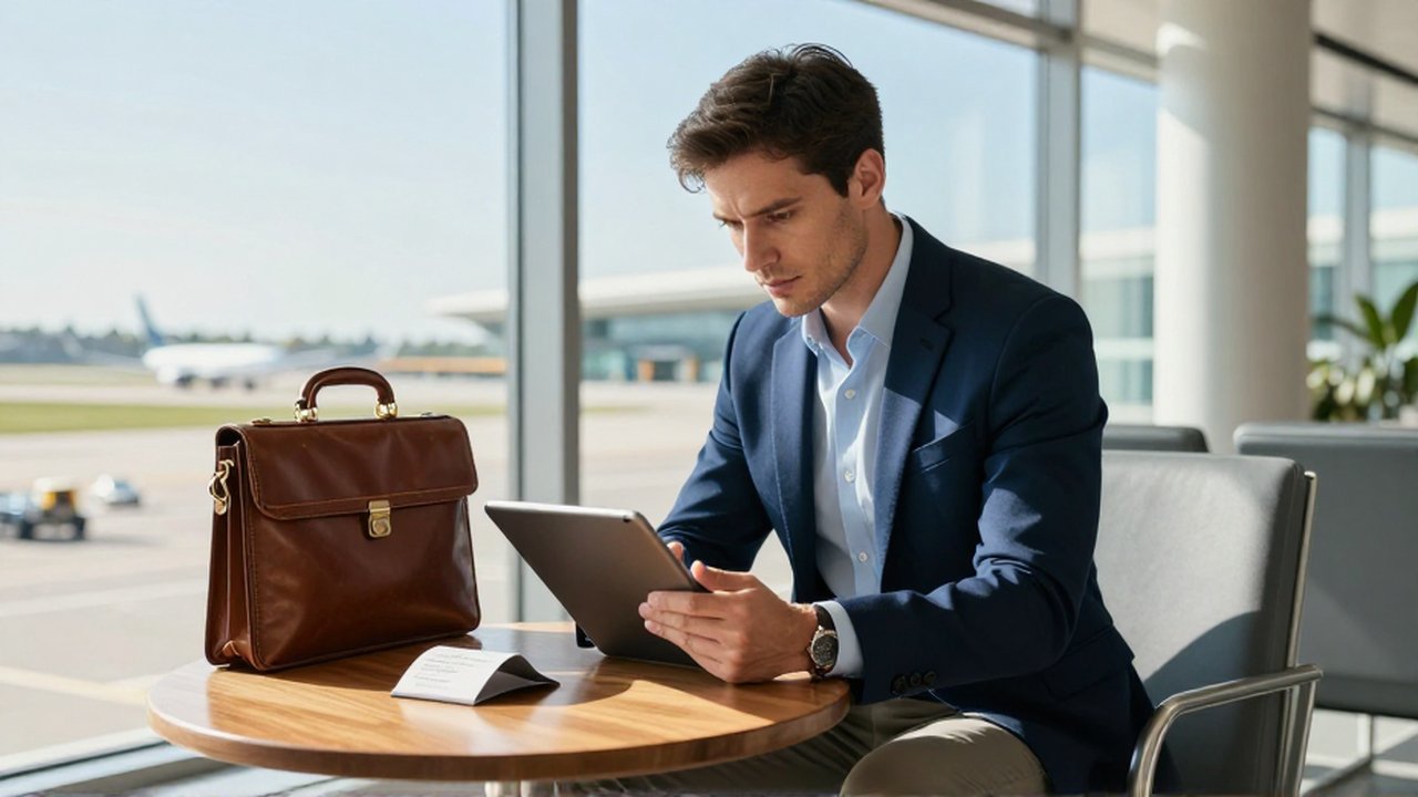 Un viajero de negocios revisa una tableta en una luminosa sala de espera de un aeropuerto.
