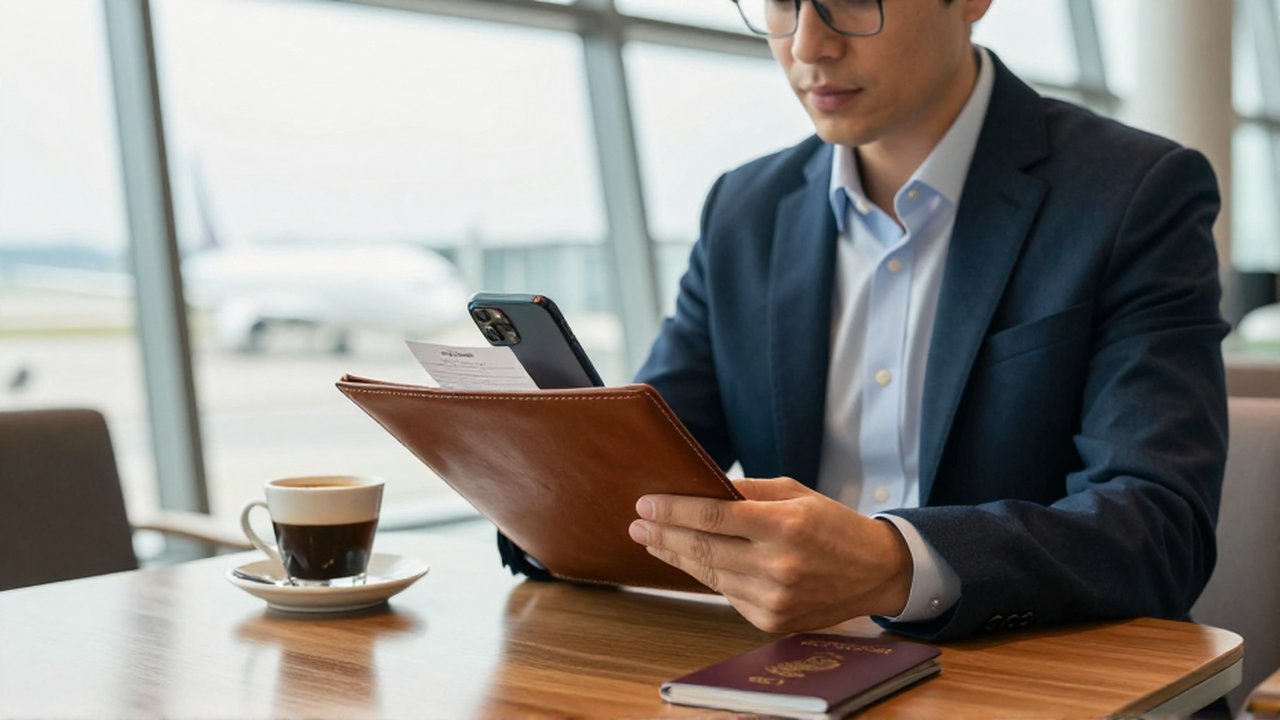 Viajero de negocios organiza documentos y un smartphone en una luminosa sala de espera de aeropuerto.