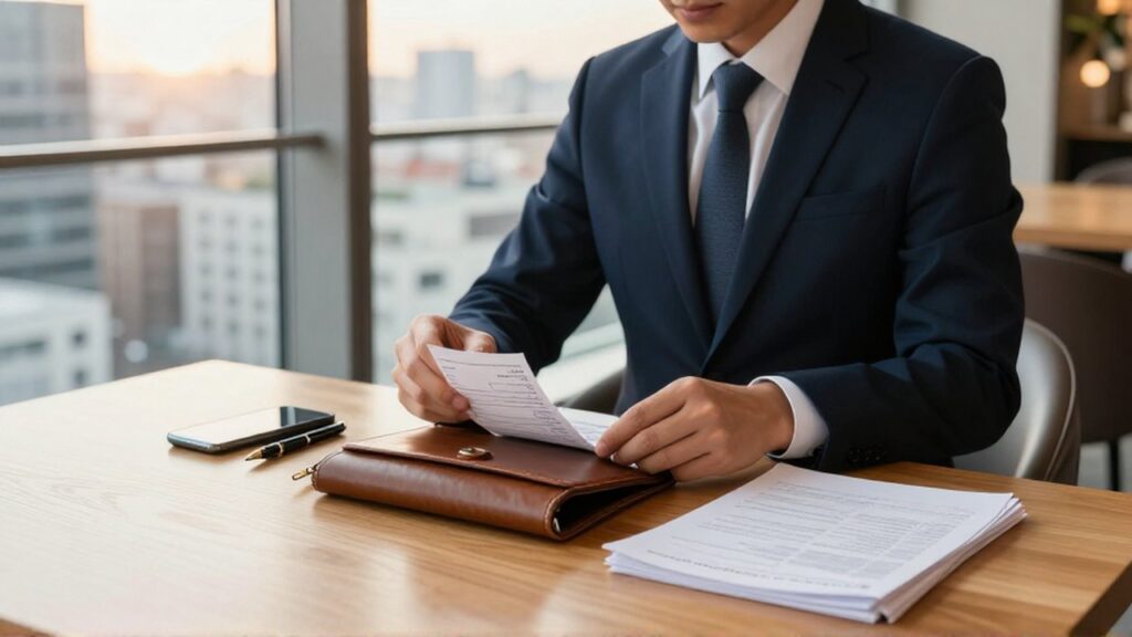 Emprendedor revisando recibos y documentos financieros en un escritorio de madera frente a un ventanal.