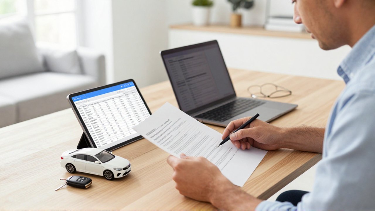Un profesional revisa documentos y una tablet con gastos de coche en un escritorio luminoso.
