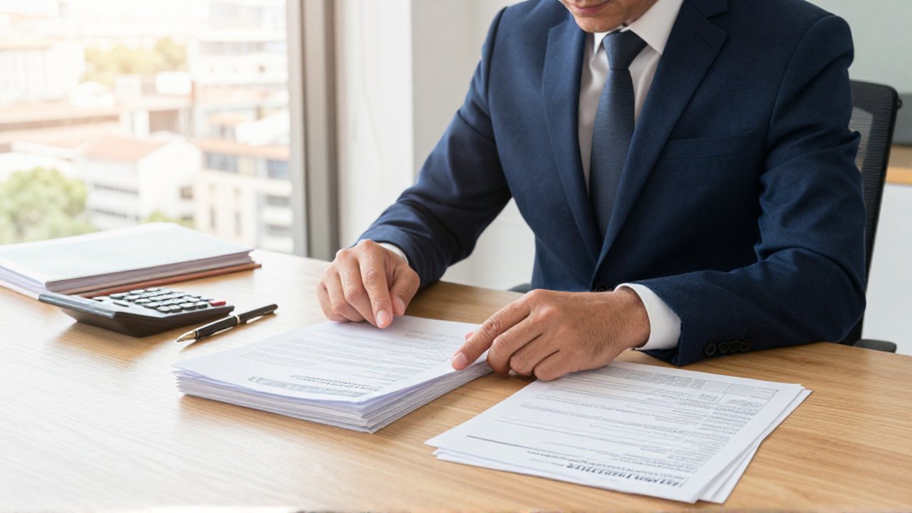 Consultor fiscal revisando documentos y facturas sobre un escritorio de madera en una oficina moderna.