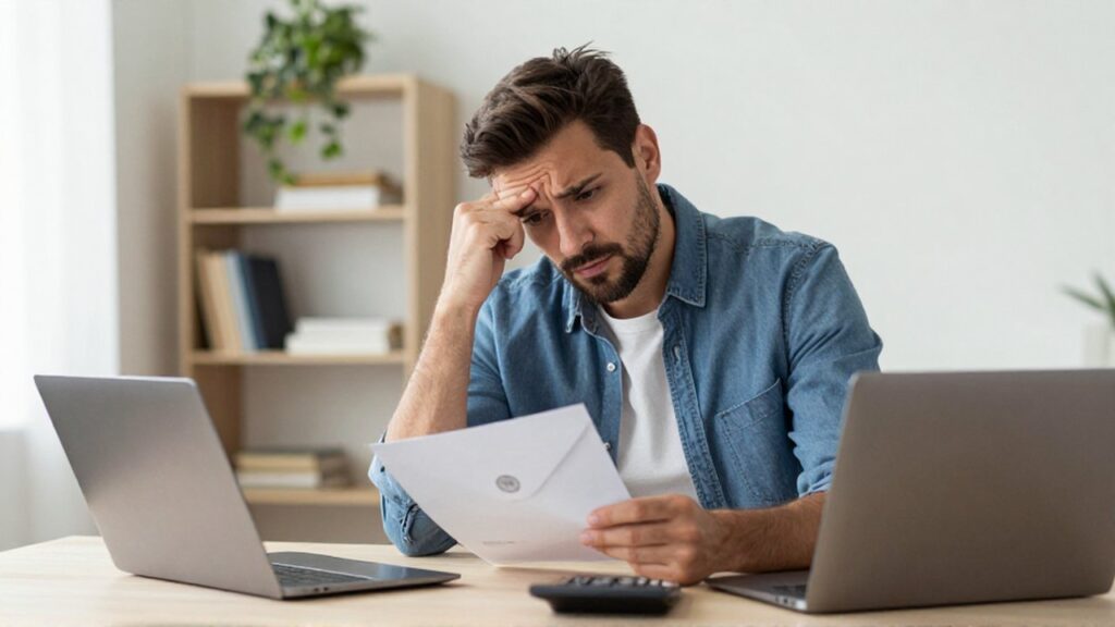 Emprendedor preocupado leyendo un sobre oficial en un escritorio de oficina en casa.