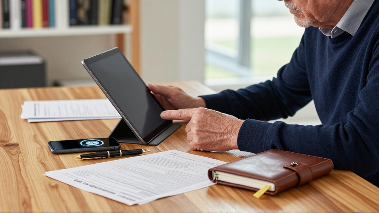 Persona mayor organiza documentos y un dispositivo digital con un icono de moneda en un escritorio moderno.