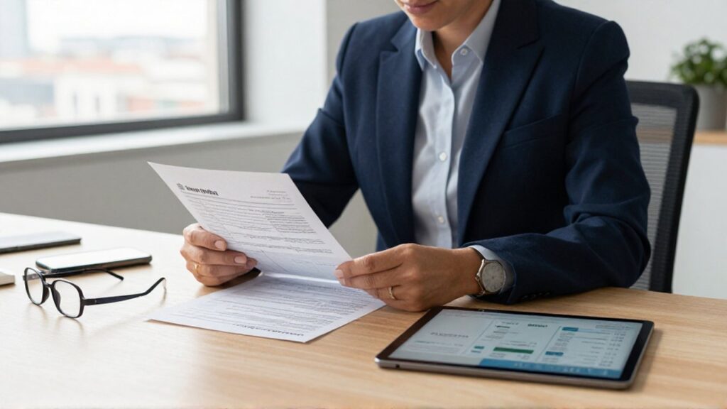 Asesor fiscal revisa documentos impresos y gráficos digitales sobre un escritorio con una billetera de hardware.