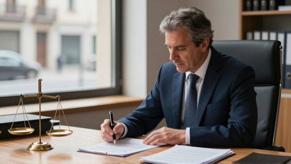 Abogado pensativo revisando documentos legales sobre un escritorio de madera en una oficina de Madrid.