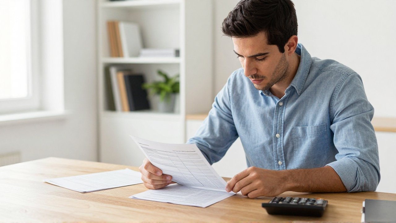 Un emprendedor analiza documentos fiscales y una calculadora en su oficina moderna y luminosa.