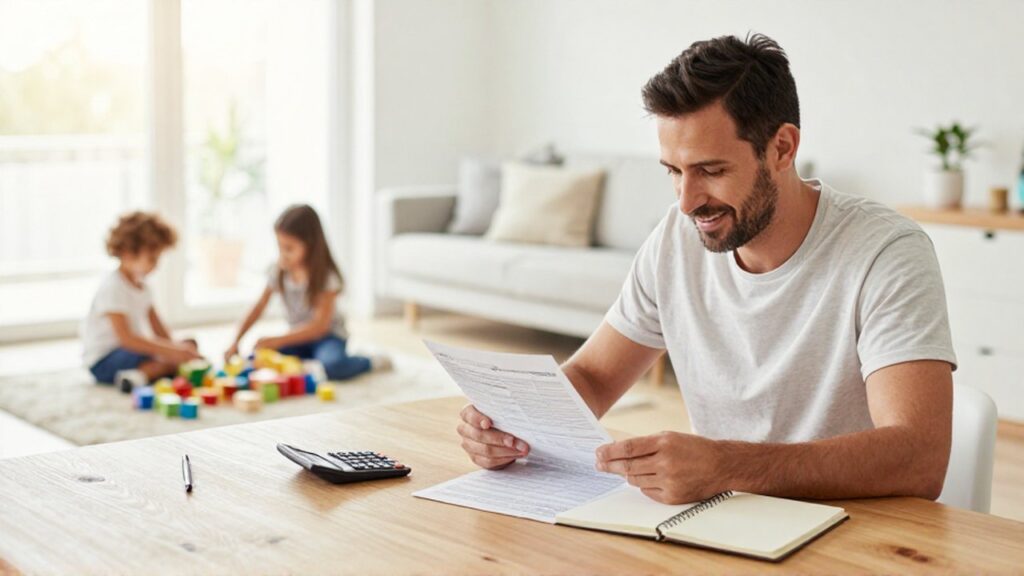 Un padre sonriente revisa documentos de impuestos en una mesa de madera mientras sus hijos juegan al fondo.