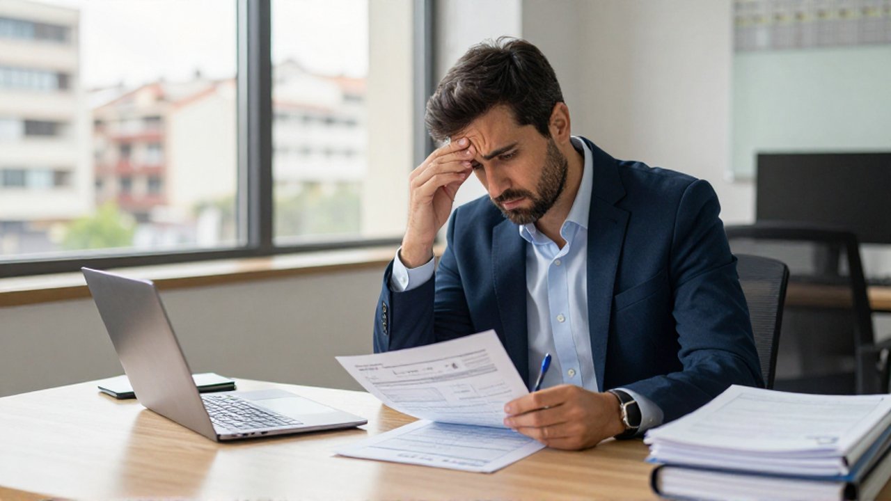 Asesor fiscal estresado revisando documentos y formularios en una oficina moderna con vistas a la ciudad.