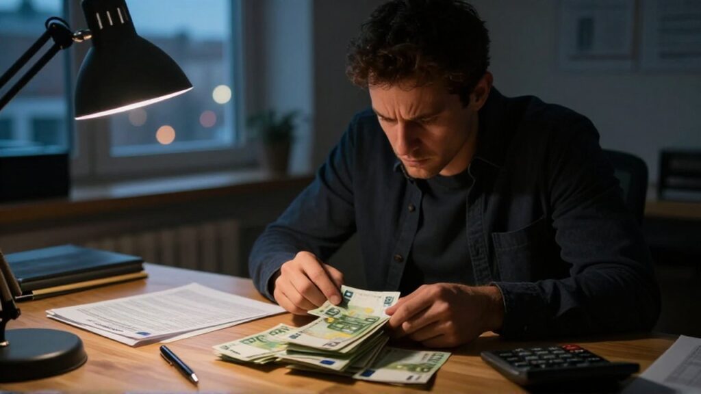 Un empresario preocupado revisa una pila de billetes de euros y una calculadora en una oficina oscura.