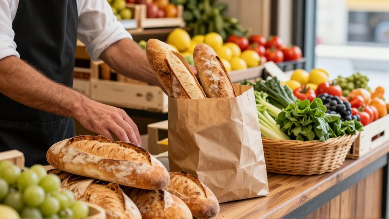 Un dependiente coloca pan artesanal y verduras frescas en una bolsa de papel en un mercado mediterráneo.