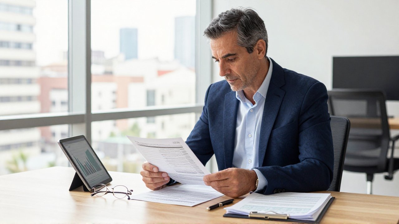 Asesor financiero madrileño analiza documentos y gráficos en una oficina moderna y luminosa.