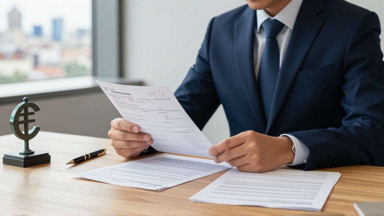 Consultor financiero revisando documentos de impuestos y un recibo de donación en una oficina moderna.