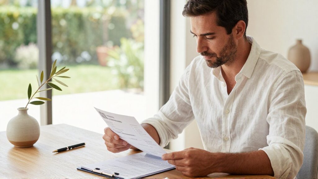 Un hombre revisa documentos financieros y un recibo de donación en un escritorio iluminado.