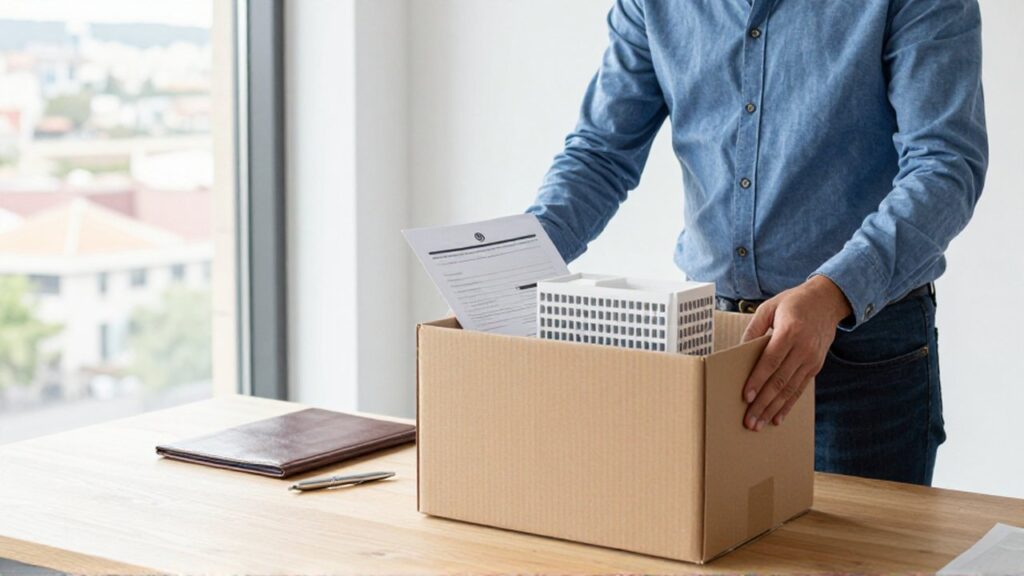 Un empresario organiza documentos y una maqueta en una caja para la mudanza de su oficina.