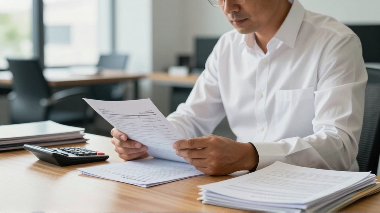 Contador revisando documentos financieros sobre un escritorio de madera en una oficina moderna y luminosa.