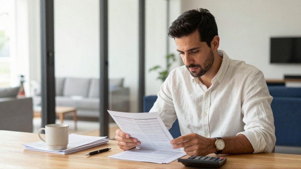 Un hombre concentrado revisa documentos fiscales y usa una calculadora en su oficina iluminada.