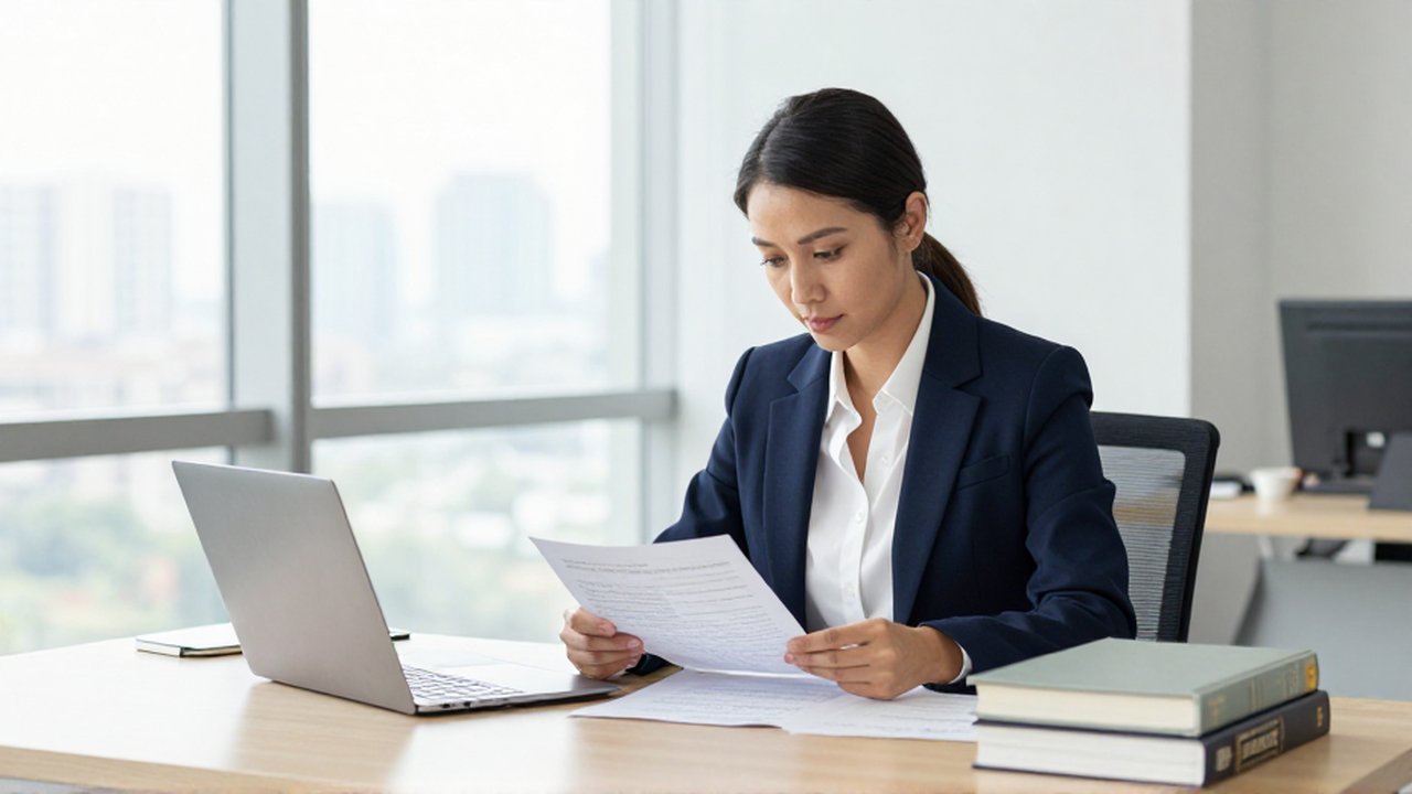 Mujer profesional revisa documentos financieros en un escritorio organizado dentro de una oficina moderna.